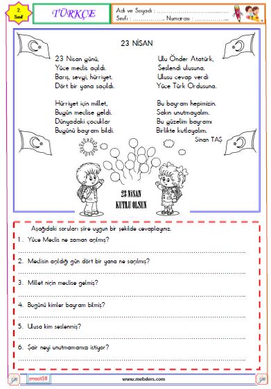 2. Sınıf Türkçe Okuma ve Anlama Metni  Etkinliği  (23 Nisan)
